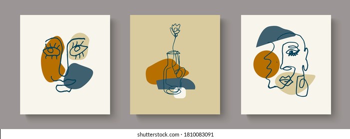 Un conjunto de plantillas creativas en un estilo de moda con un retrato en una línea, formas coloridas abstractas y modernas.Diseño para el hogar y decoración de oficina.
