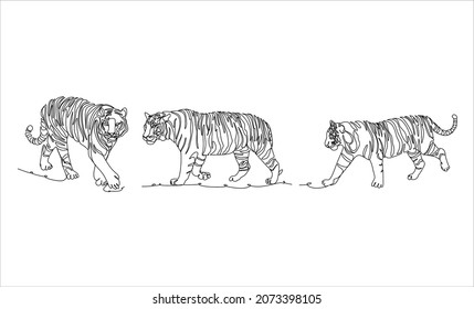 Set of creative templates of jumping tigers. Continuous drawing of one line. Vector illustration