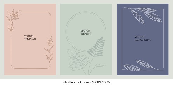 A set of creative templates in a minimal modern style with copy space for your text. Frames with leaves for letter, postcard, cover design.