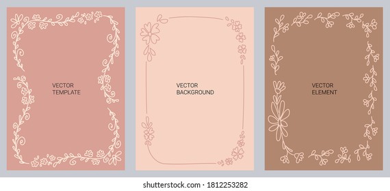 Ein Satz kreativer Vorlagen in minimalem modernen Stil mit Kopienraum für Ihren Text. Rahmen mit Blumen und Blättern für Brief, Postkarte, Deckendesign im Doodle-Stil.