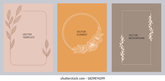 Un conjunto de plantillas creativas de un estilo moderno mínimo con espacio para copiar el texto. Marcos con hojas y flores para carta, postal, diseño de cubierta.