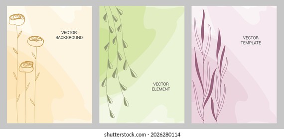Un conjunto de plantillas creativas de un estilo moderno mínimo con espacio para copiar el texto. Marcos florales con hojas para carta, postal, diseño de portada, invitación a la boda, historias sociales.