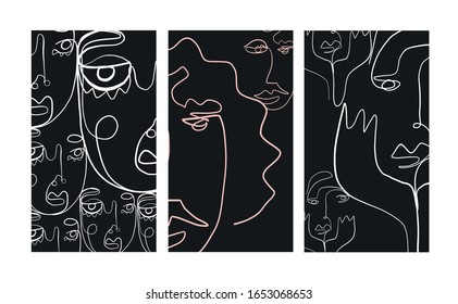 Set of creative templates in minimal trendy style with abstract face portrait, one line continuous drawing. 