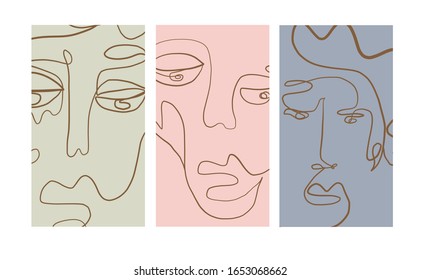 Conjunto de plantillas creativas de estilo moderno mínimo con retrato abstracto de cara, dibujo continuo de una línea. 