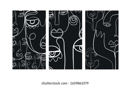Conjunto de plantillas creativas de estilo moderno mínimo con retrato abstracto de cara, dibujo continuo de una línea. 