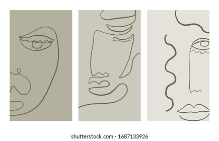 Set of creative templates in minimal trendy style with abstract face portrait, one line continuous drawing. 