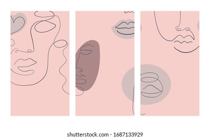 Set of creative templates in minimal trendy style with abstract face portrait, one line continuous drawing. 