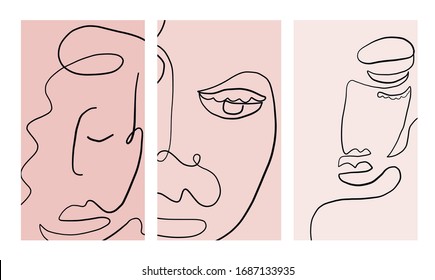 Set of creative templates in minimal trendy style with abstract face portrait, one line continuous drawing. 