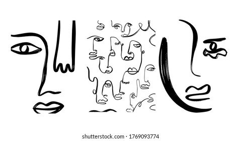 Set of creative templates in minimal trendy style with abstract face portrait, one line continuous drawing. 