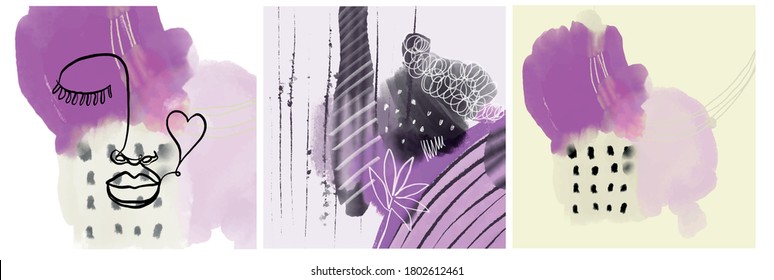 Conjunto de plantillas creativas con un retrato de una línea, formas coloridas abstractas contemporáneas. Promoción del diseño. 