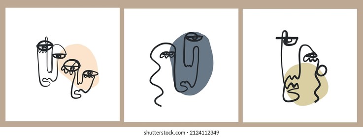 Set of creative templates with one line face portrait. Cubism face. Design promotion. 