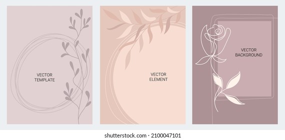 Set of creative templates in pastel natural colors in minimal style. Design with floral elements and copy space for text. Suitable for letter, postcard, cover, wedding invitation, social media stories