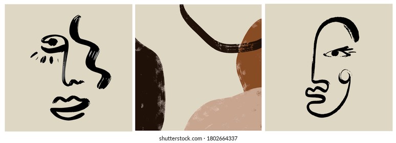 Conjunto de plantillas creativas de estilo moderno con un retrato de una línea, formas coloridas abstractas contemporáneas. Cara de cubismo. Promoción del diseño. 