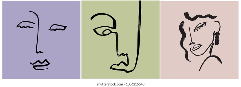 Conjunto de plantillas creativas de estilo moderno con un retrato de una línea, formas coloridas abstractas contemporáneas. Cara de cubismo. Promoción del diseño. 