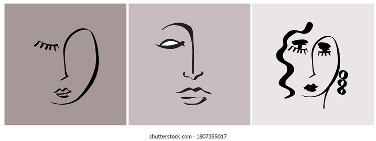 Conjunto de plantillas creativas de estilo moderno con un retrato de una línea, formas coloridas abstractas contemporáneas. Cara de cubismo. Promoción del diseño. 