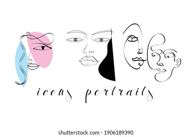 Set of creative templates in trendy style with one line face portrait, contemporary abstract shapes. Cubism face. Design promotion.