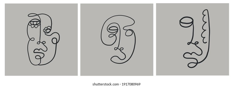 Set of creative templates in trendy style with one line face portrait, contemporary abstract colorful shapes. Cubism face. Design promotion. 