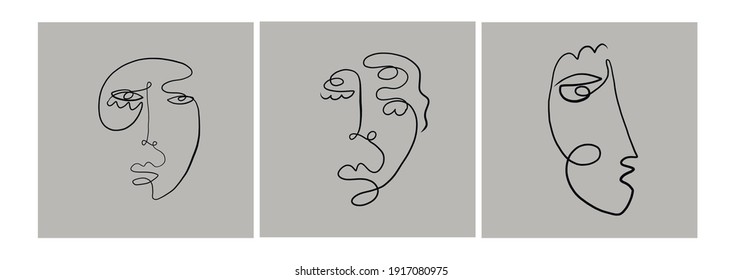 Conjunto de plantillas creativas de estilo moderno con un retrato de una línea, formas coloridas abstractas contemporáneas. Cara de cubismo. Promoción del diseño. 