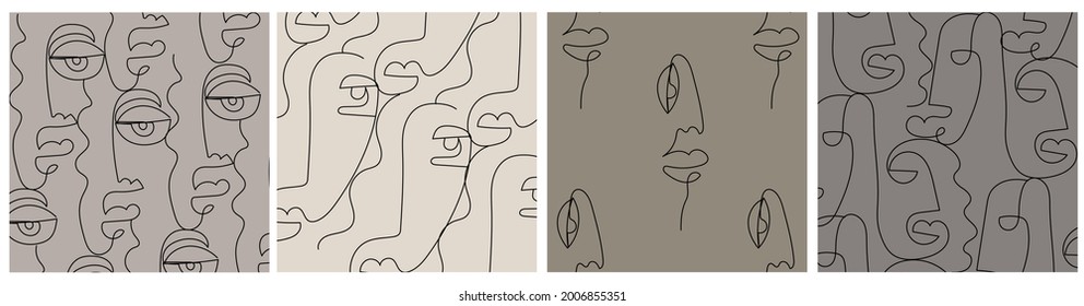 Set of creative templates in trendy style with one line face portrait, contemporary abstract colorful shapes. Cubism face. Design promotion. 