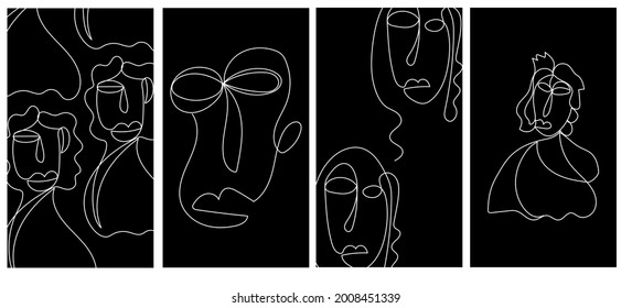 Set of creative templates in trendy style with one line face portrait, contemporary abstract cubism faces. Design promotion. 