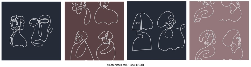 Set of creative templates in trendy style with one line face portrait, contemporary abstract cubism faces. Design promotion. 