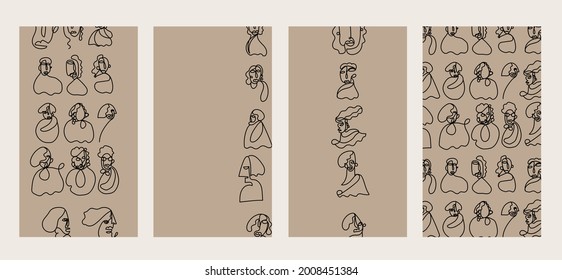 Set of creative templates in trendy style with one line face portrait, contemporary abstract cubism faces. Design promotion. 