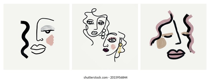 Set of creative templates in trendy style with one line face portrait, contemporary abstract colorful shapes. Cubism face. Design promotion. 