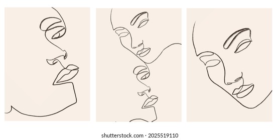 Conjunto de plantillas creativas de estilo moderno con un retrato de una línea, formas coloridas abstractas contemporáneas. Cara de cubismo. Promoción del diseño. 