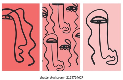 Conjunto de plantillas creativas de estilo moderno con un retrato de una línea, caras abstractas contemporáneas de cubismo. Promoción del diseño. 