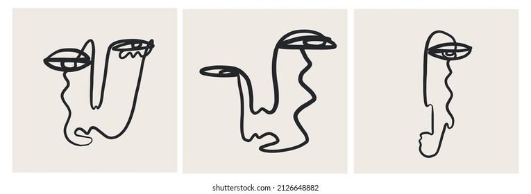 Set of creative templates in trendy style with one line face portrait, contemporary abstract background. Cubism face. Design promotion. 