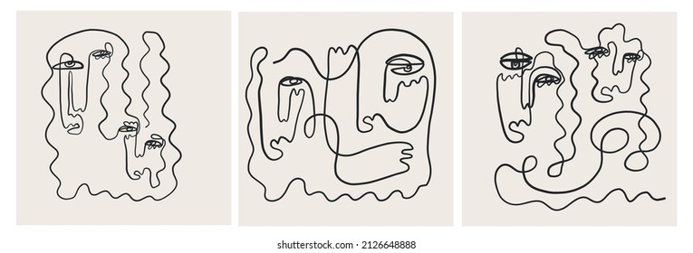 Conjunto de plantillas creativas de estilo moderno con un retrato de una línea, fondo abstracto contemporáneo. Cara de cubismo. Promoción del diseño. 