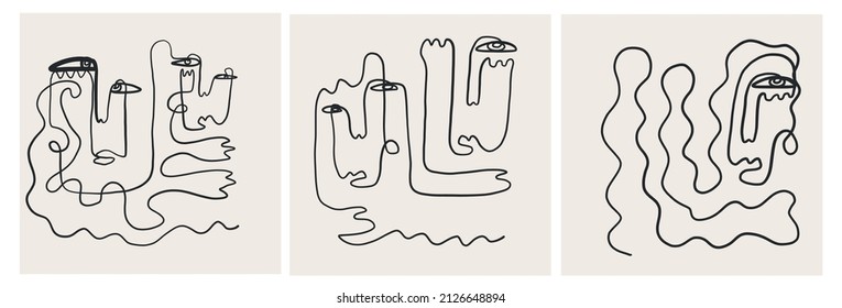 Set of creative templates in trendy style with one line face portrait, contemporary abstract background. Cubism face. Design promotion. 
