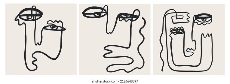 Set of creative templates in trendy style with one line face portrait, contemporary abstract background. Cubism face. Design promotion. 