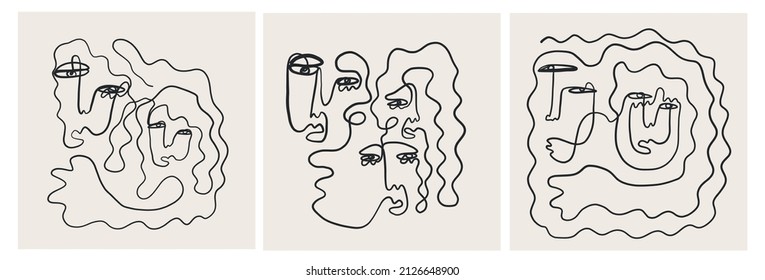 Set of creative templates in trendy style with one line face portrait, contemporary abstract background. Cubism face. Design promotion. 