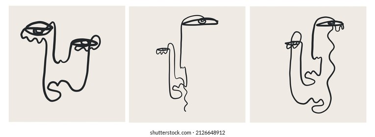 Set of creative templates in trendy style with one line face portrait, contemporary abstract background. Cubism face. Design promotion. 
