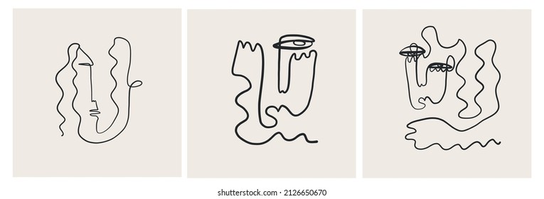 Set of creative templates in trendy style with one line face portrait, contemporary abstract background. Cubism face. Design promotion. 