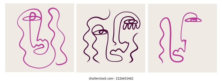Set of creative templates in trendy style with one line face portrait, contemporary abstract background. Cubism face. Design promotion. 