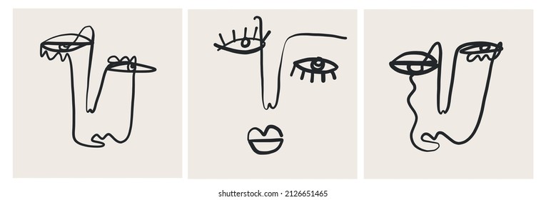 Set of creative templates in trendy style with one line face portrait, contemporary abstract background. Cubism face. Design promotion. 