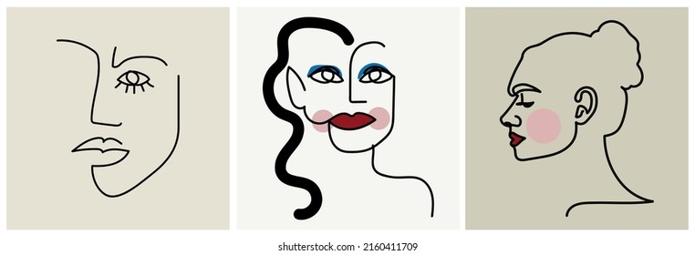 Set of creative templates in trendy style with one line face portrait, contemporary abstract colorful shapes. Cubism face. Design promotion.