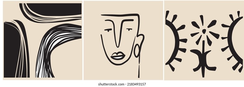 Conjunto de plantillas creativas de estilo moderno con un retrato de una línea, formas coloridas abstractas contemporáneas. Cara de cubismo. Promoción del diseño. 