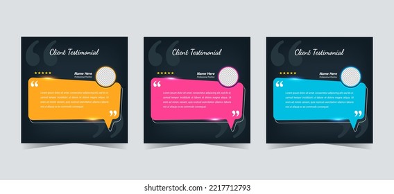 Set creative Testimonial Templates. yellow, blue, pink, and black color 