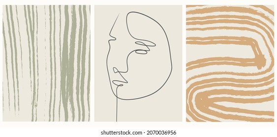 Set of creative textures in trendy style with one line face portrait, contemporary abstract colorful shapes. Cubism face. Design vector illustration for home decor. Boho art. 