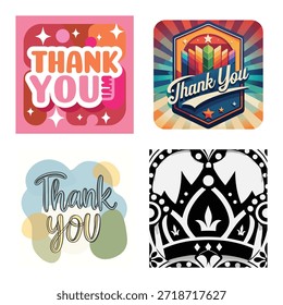 Conjunto de tarjetas de felicitación creativas de agradecimiento con tipografía vibrante, emblemas de estilo retro y patrón de corona blanco y negro decorativo
