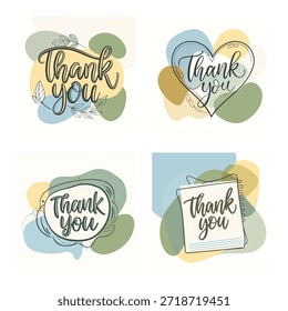 Conjunto de tarjetas de felicitación creativas de agradecimiento con marco de corazón, caligrafía con letras a mano y Ilustraciones de bloc de notas minimalista