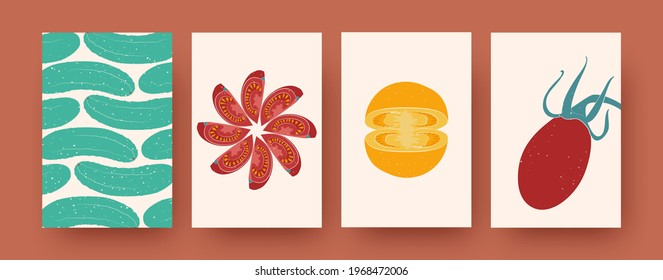 Set of creative tomato, cucumber vector illustrations. Collection of contemporary natural elements in pastel colors. Nature, vegetable, flower concept for social media design