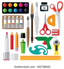 set of creative tools. It consists of a pencil, brush, paint, tube, brush with the reservoir.