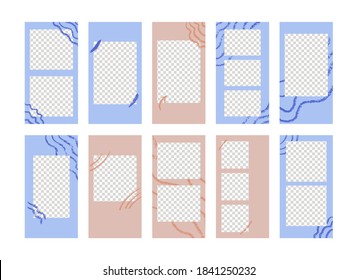 Set of creative and trendy abstract templates for social media stories. Vector backgrounds with hand drawn elements, frames and shapes.