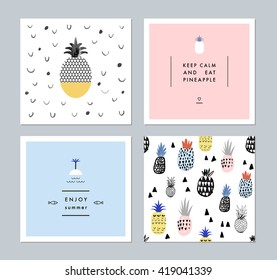 Set of creative trendy art posters about summer plus seamless pattern with pineapples. Hand drawn textures. Vector. Isolated.