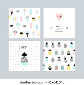 Set of creative trendy art posters plus seamless patterns with ice cream and pineapples. Hand drawn textures. Vector. Isolated.