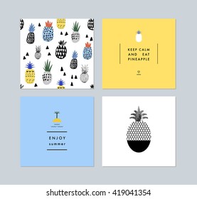 Set of creative trendy art posters about summer plus seamless pattern with pineapples. Hand drawn textures. Vector. Isolated.